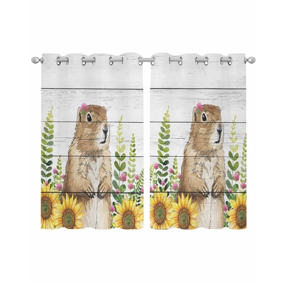 Groundhog Day Sheer Curtains 39 Inch Length 2 Panels Set for Living Room/Bedroom, Sunflower Spring Floral Botanical Vintage Kitchen Curtains Grommet Semi-Sheer Curtains Window Treatments 27.5"x39"x2