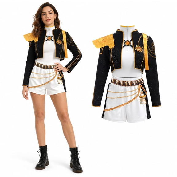 Pop Star Cosplay Costume for Women, Black Gold Military Jacket Shorts Set for Stage & Halloween Theme Party