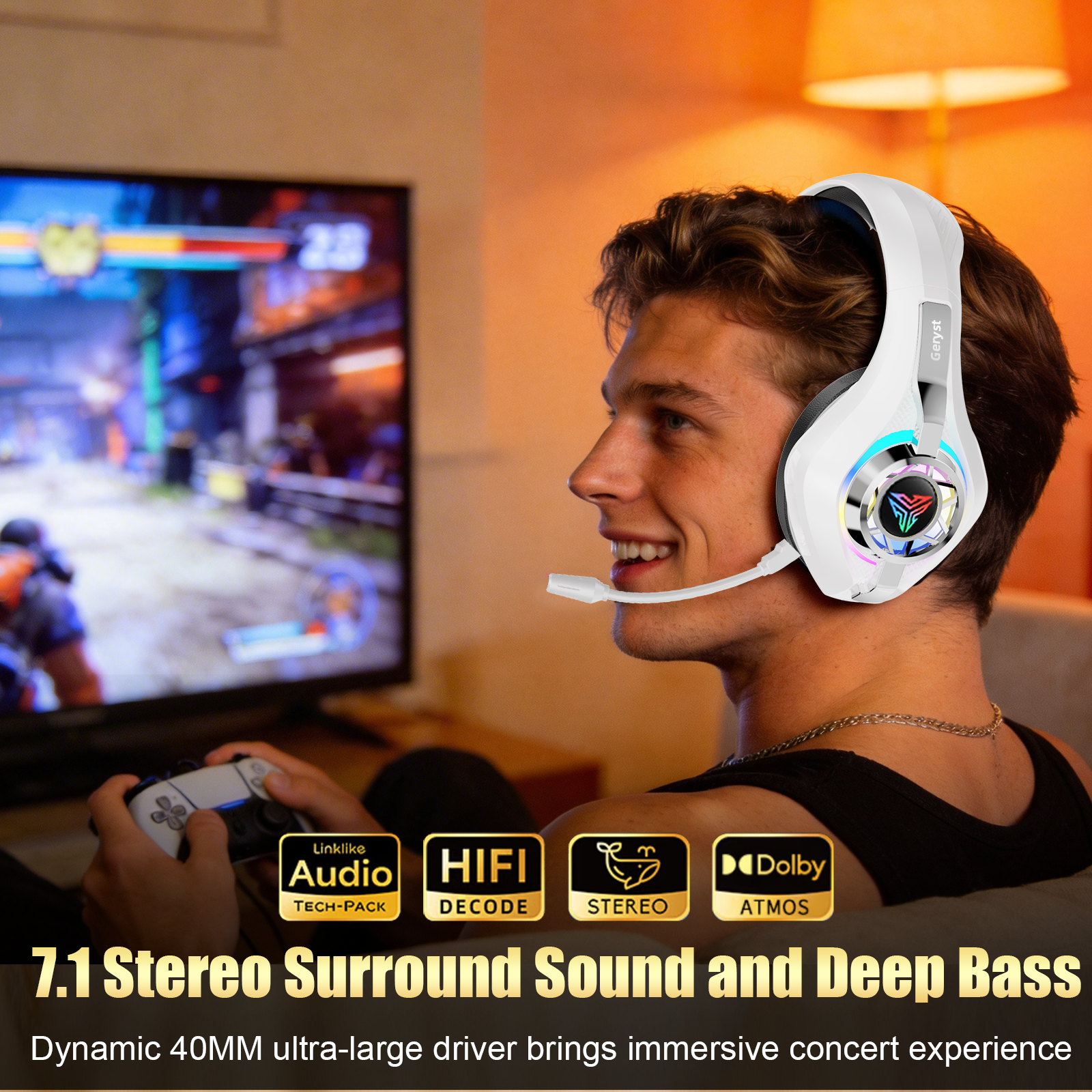 2.4GHz Wireless Gaming Headset for PS4/PS5/Xbox/Switch/PC, Bluetooth Over Ear Headphones with ENC Noise Cancelling Mic,7.1 Stereo Surround Sound, 40mm Drivers, RGB Light, 45H Battery Gaming Headphone