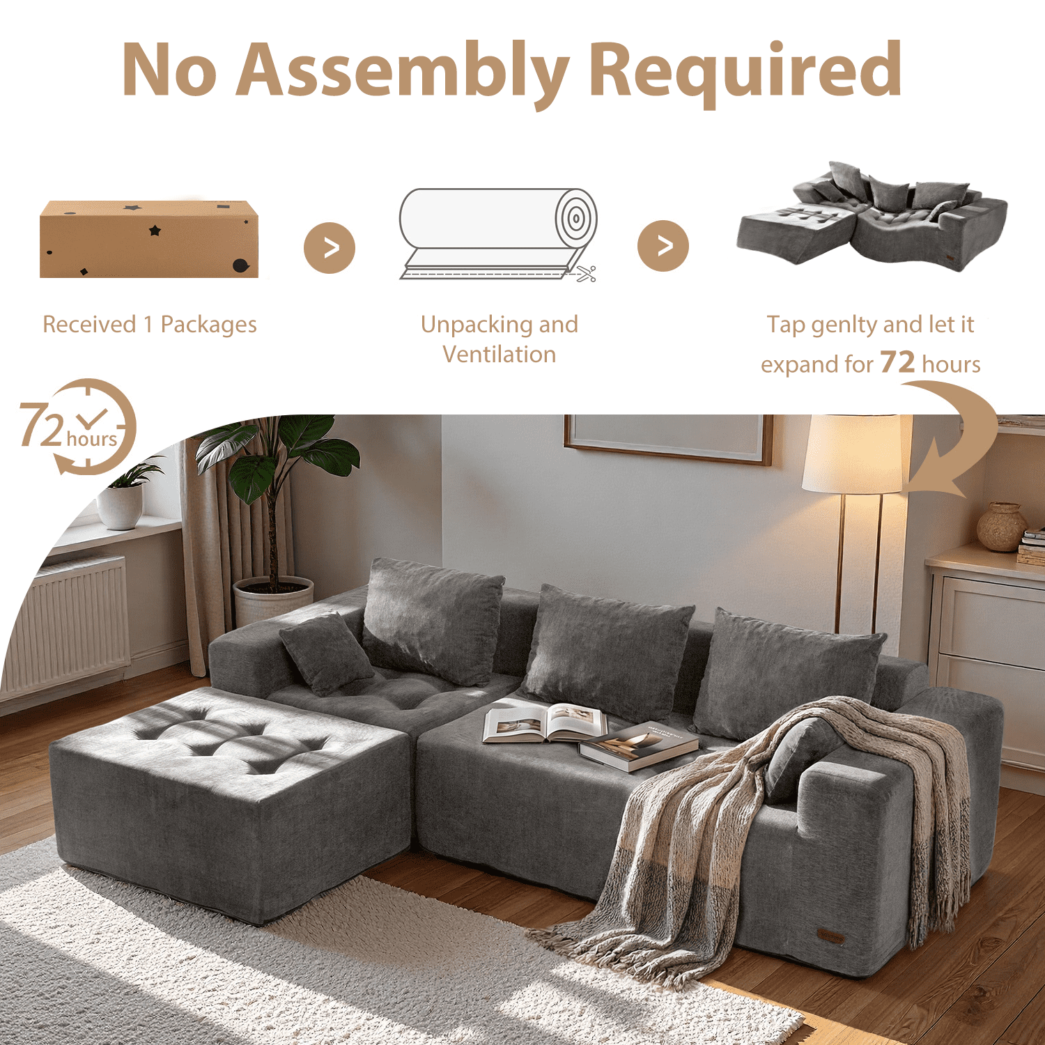 BYBYME Cloud Sectional Couch with L-Shape Chaise Modern Comfy Modular Chenille Sofa for Living Room,Tufted 4-Seat Sleeper Chair with 1 Ottoman,Sofa in A Box,No Assembly Required,Grey