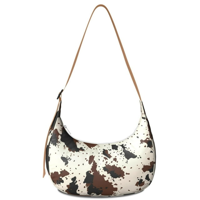 Sac Bandoulière Rustique à Imprimé Vache Noir et Blanc pour Femmes, Style Ferme Classique, Texture d'Animal, Croissant, Sac d'Épaule en Velours Côtelé avec Courroie Ajustable pour Sorties Décontractées Ou Vacances