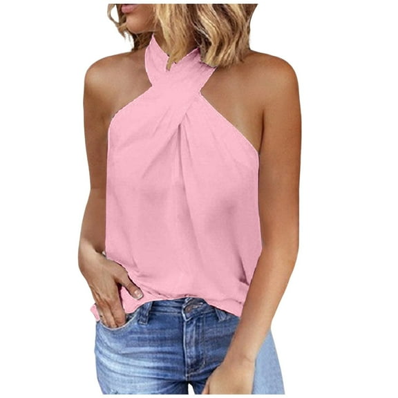 RUTAYY Women's T Shirt Solid Color Sleeveless Halterneck Vest Comfortable Breathable Tops Playful Vacation Tshirts