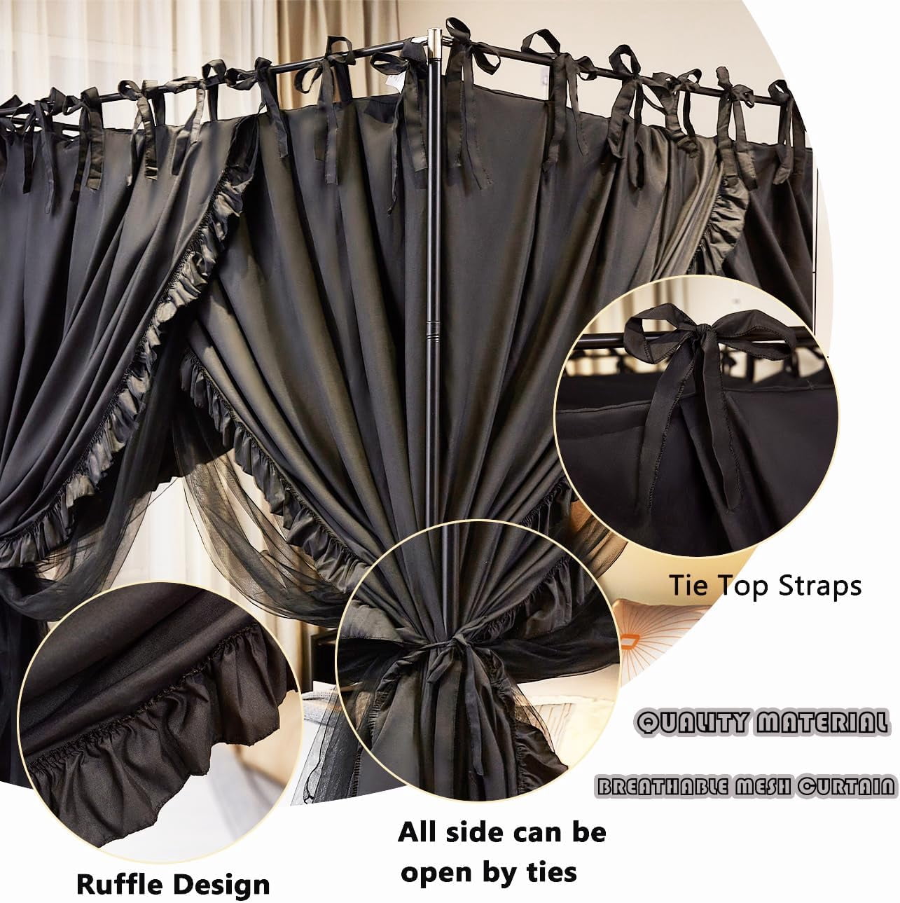 4 Corners Post Canopy Bed Curtains Double Layer Cozy Drape Netting 4 Opening Mosquito Net Mesh for Girls Bedroom Decoration(Black,Queen)