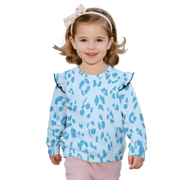 Xixirimido Blue Leopard Print Toddler Girls Sweatshirt Ruffle Shoulder Long Sleeve Sweatshirts Graphic Pullover Top Girls Sweater Casual Fall Winter Clothes, for 1-2T