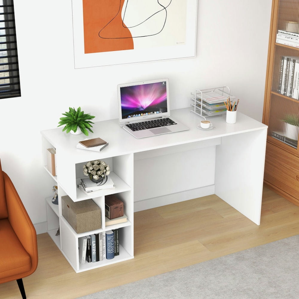 Demi Bonn Modern Computer Desk with 3 Tier Storage Shelves for Home Office Desk Study Writing Table, White