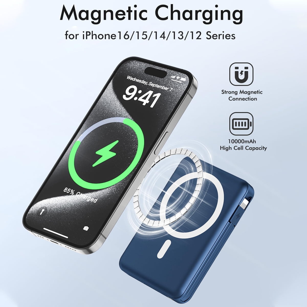 Podoru Wireless Portable Charger, 10000mAh Magnetic Power Bank Built-in USB C Lighting Cables 22.5W PD Fast Charging LED Display Battery Pack for for iPhone 16/15/14/13/12 - Navy Blue