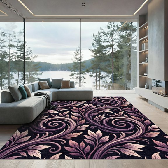 ODIKA 4' x 6' Machine Washable Non-Slip Area Rug, art nouveau floral High Traffic Rug, Purple, 951457