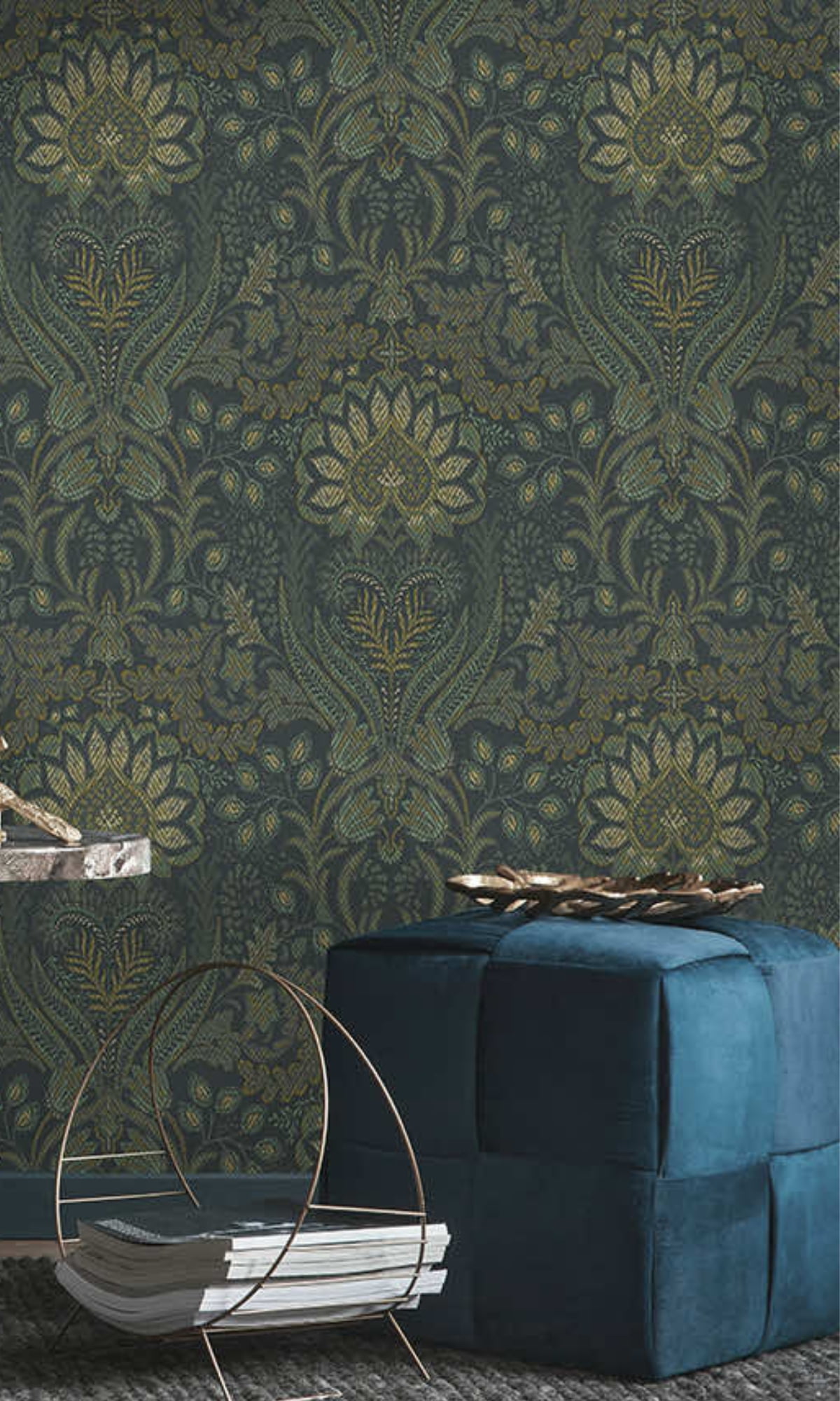 Blue Orange Bold Paisley Design Metallic Damask Wallpaper R8438