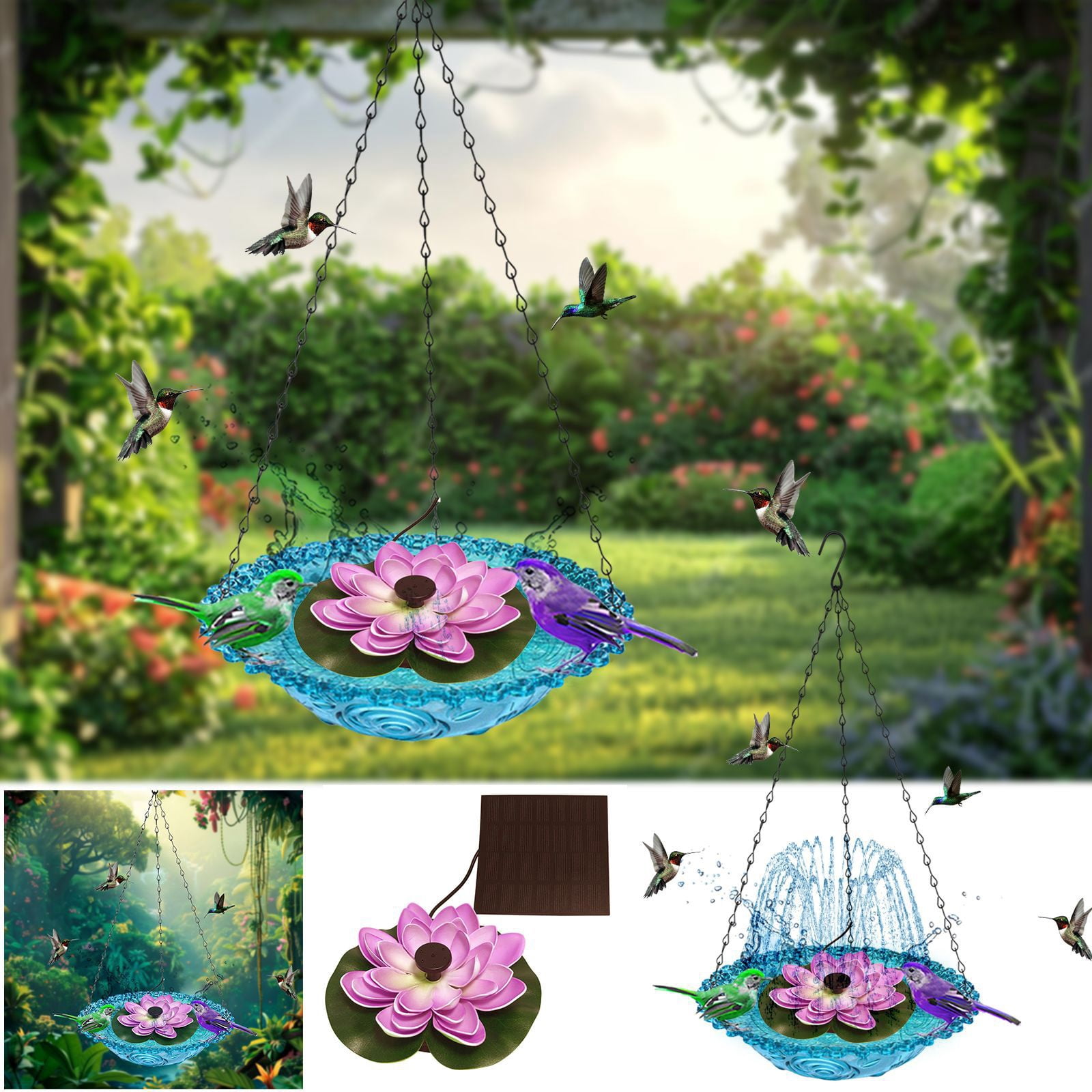 Hanging Solar Bird Bath Fountain, Solar Powered Cascading Outdoor Water Fountain, Bird Bath for Outdoors Garden Patio Backyard Lawn Decor