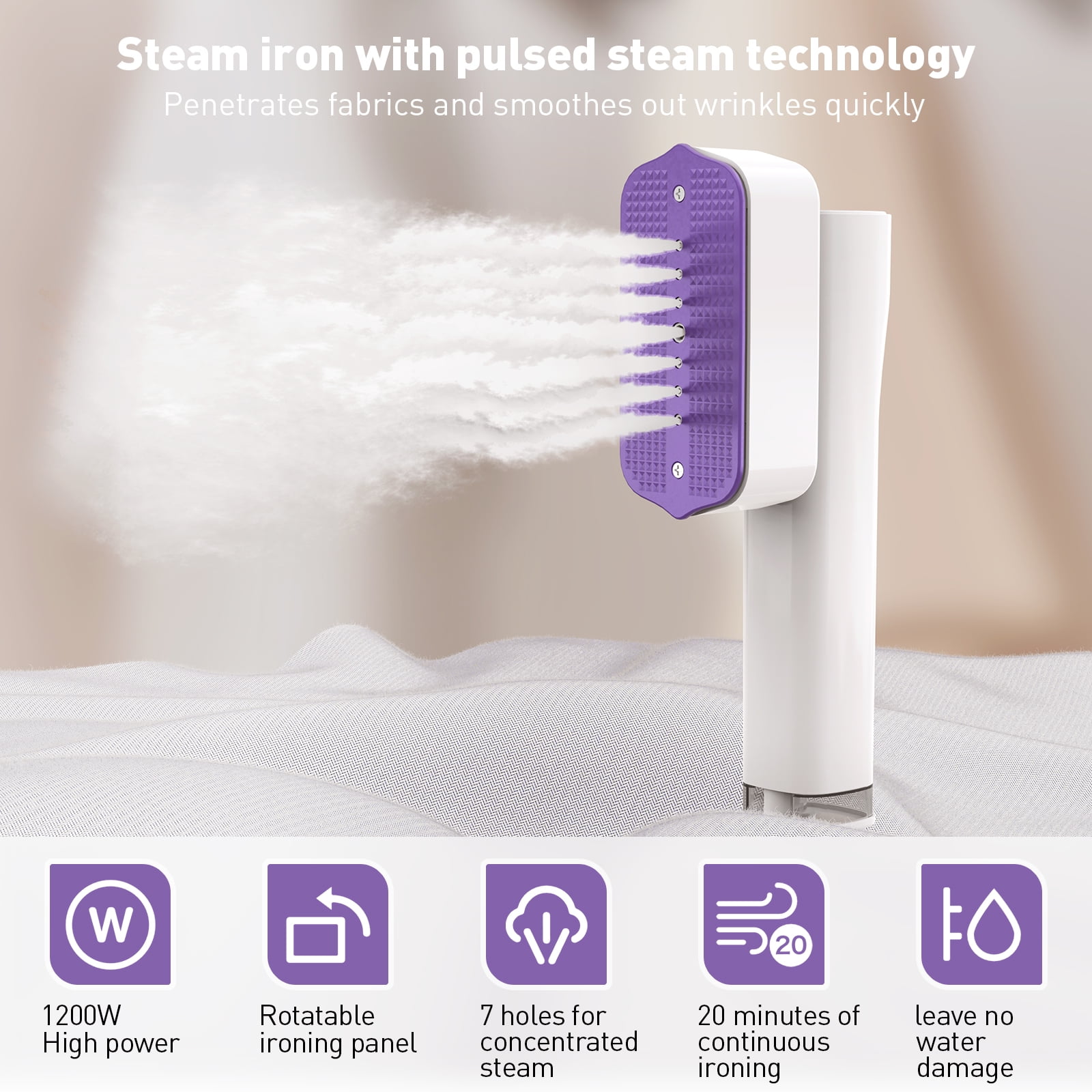 Portable Handheld Travel Steamer for Clothes, 1200W, 3 Steam Levels, 15s Heat-Up, 20 Min of Continuous Steam, Ideal for Home and Travel