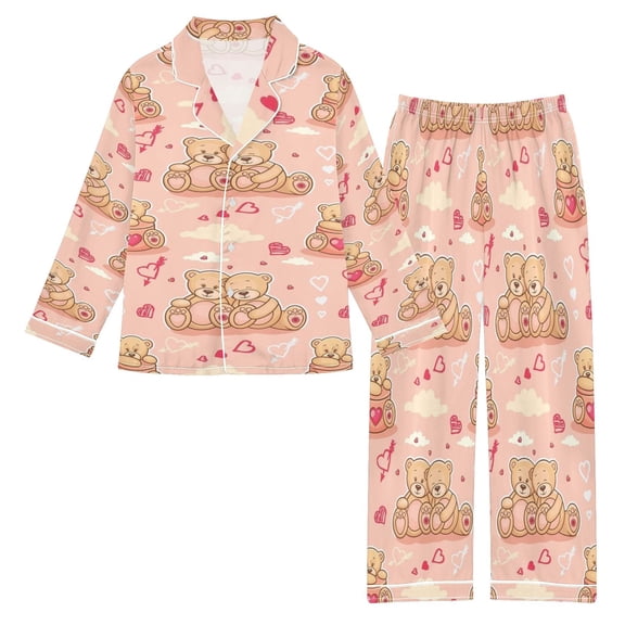 DIXRUYEE Satin Pajama Set Teddy Bear Pastel Dreamland Printed