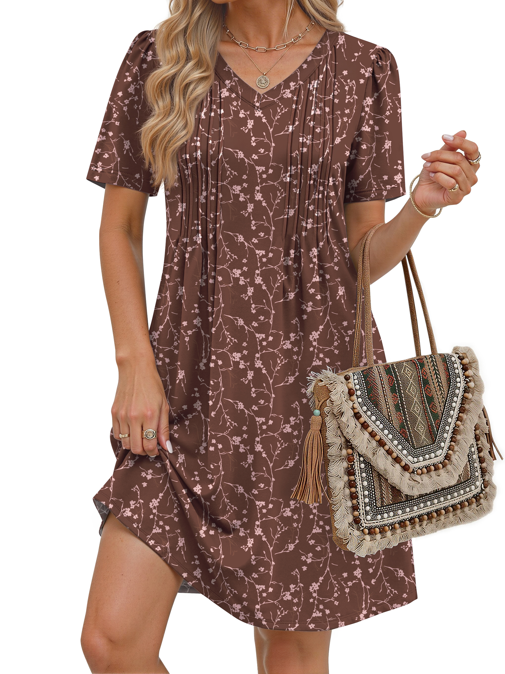 Fantaslook Summer Dresses for Women Short Sleeve Pleated V Neck Dress A Line Casual Tunic Dresses with Pockets