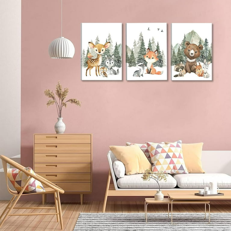 3-Piece Woodland Animal Nursery Canvas Wall Art Set - Deer, Bear, Fox Prints (12x16 In Each)