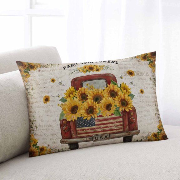 Vintage Sunflower Truck Throw Pillow Covers, Summer Botanical Pastoral Retro Art Soft Breathable Pillow Cases with Invisible Zipper, Toddler Pillowcases for Couch Bed Sofa Chair 12x20 Inches