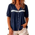 thumbnail image 2 of LEKWK Linen Shirts for Women Lace Short Sleeve Button Down Shirt Loose Fit Casual V Neck Going Out Tops Summer Fashion Beach Vacation Clothes, 2 of 5