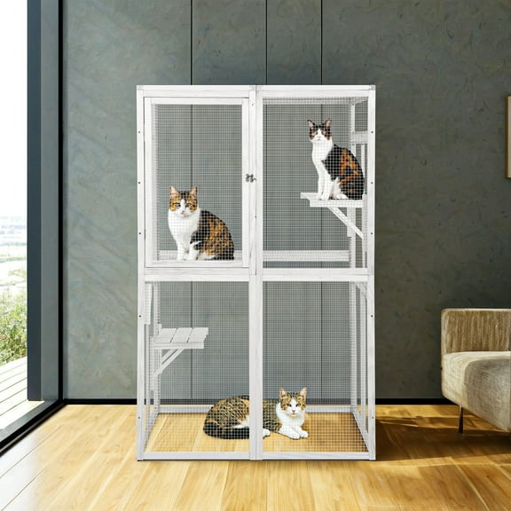 Demi Bonn 64" Outdoor Cat House, Large Cat Condo for Feral Cats Wooden Outside Cat Cage Weatherproof with Platforms, White