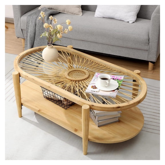 Rattan Coffee Table with Glass Top & Wood Legs - Oval Living Room Table, Bohemian Farmhouse Style, 43.3 Inch, Vintage Woven Design