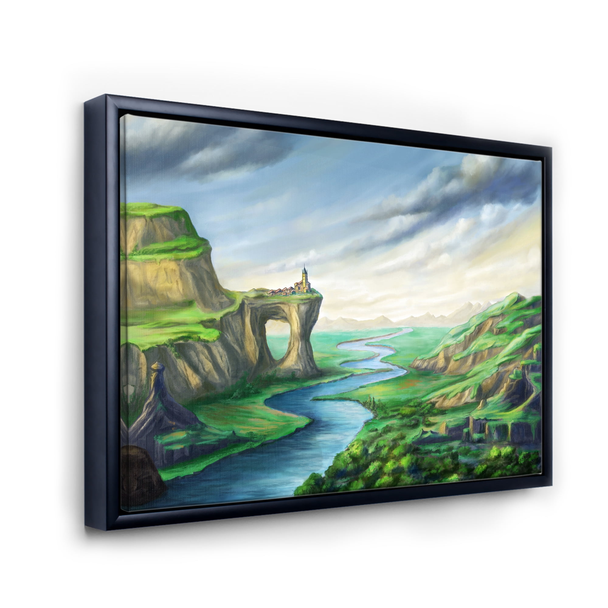 Designart 'Meandering River With Blue Fantasy Landscape' Lake House Framed Canvas Wall Art Print
