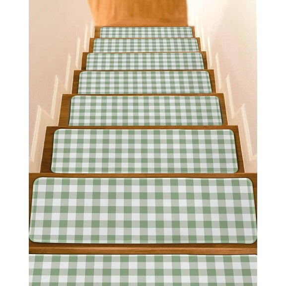 Sage Green Checkered Stair Treads for Wooden Steps Indoor Runner Rug Carpet, Farmhouse Buffalo Plaid 4 Pieces Peel and Stick Staircase Step Treads Covers Washable Throw Door Mats, 30"x8"