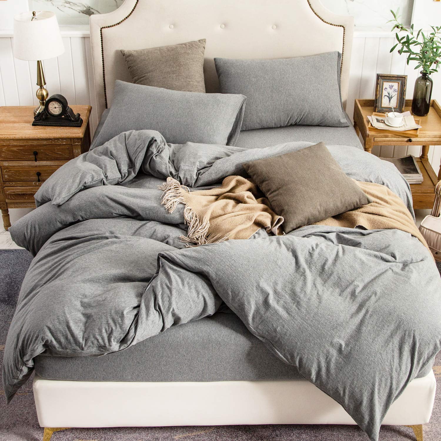 PURE ERA Jersey Knit Duvet Cover Set 100% T-Shirt Cotton Bedding Super Soft Comfy, Dark Gray 