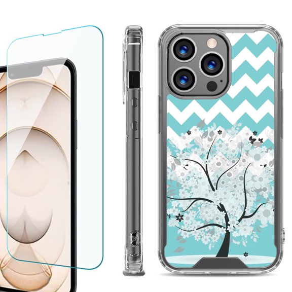 Shockproof Bumper Phone Case for iPhone 13 Pro Max, with Tempered Glass Screen Protector, by OneToughShield ® - Chevron/Tree