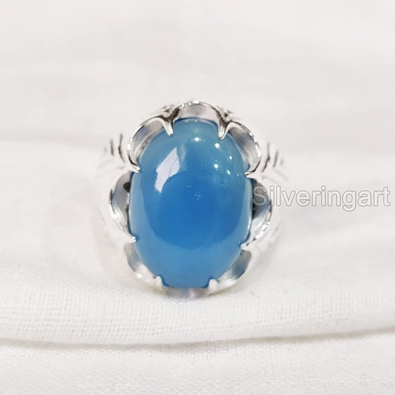 Blue Chalcedony Mans Ring, Natural Blue Chalcedony, Ring, Silver Jewelry, 925 Silver Ring, Gift, Heavy Mens Ring, Arabic Design, Ottoman Style Ring, Christmas, Turkey Mens Signet Ring