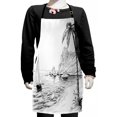 thumbnail image 1 of Black and White Kids Apron, Sea Coast Beach with Palm Tree Boat and Hills Exotic Holiday Vacation, Boys Girls Apron Bib with Adjustable Ties for Cooking Baking Painting, Black White, by Ambesonne, 1 of 2