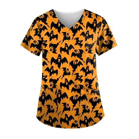 

Womens Plus Size Scrubs Uniform Pumpkin Print Short Sleeve Scrub Nurse Workwear Top T Shirts