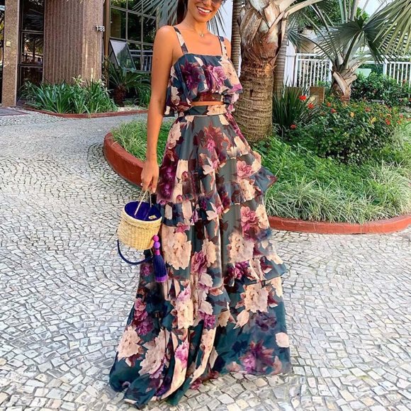 TIMIFIS Women's Bohemian Floral Printed Camisole Maxi Dresses V Neck Short Sleeveless Split Beach Party Long Dress wedding guest dresses for women (Strap Top+Sirt) ummer