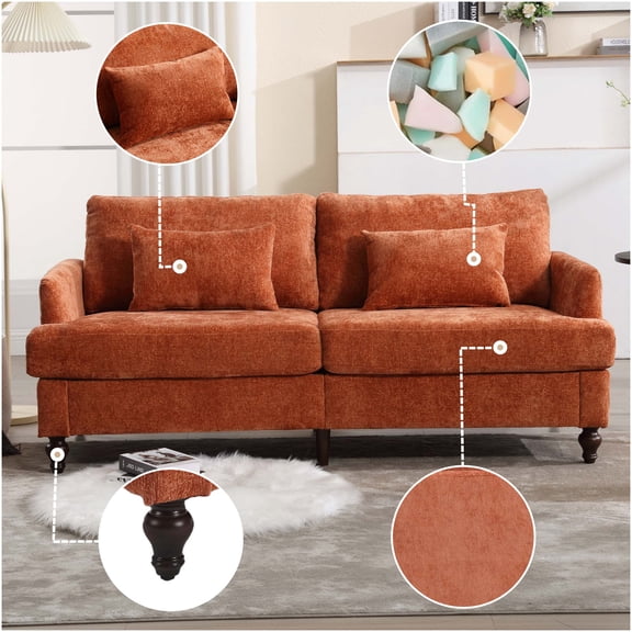 Mid Century Modern Loveseat Sofa, 2-Seater Chenille Upholstered Couch with Brown Wood Legs for Living Room, Apartment, Dark Orange