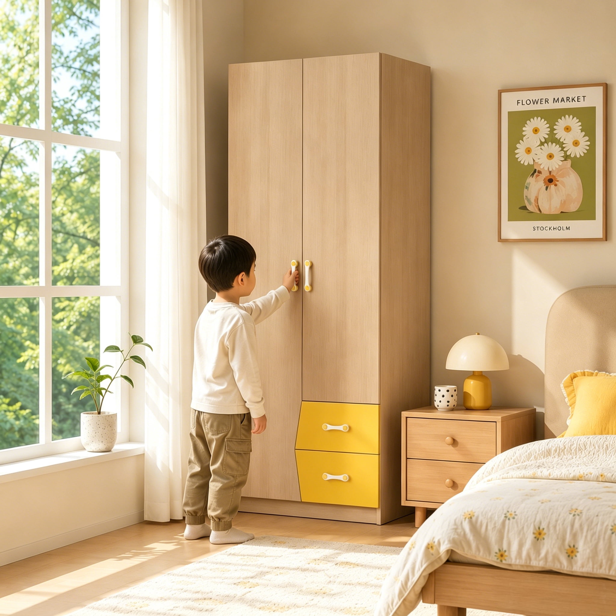 Kids Wardrobe with Double Doors and 2 Drawers, Children's Clothes Storage Cabinet with Hanging Space and Shelves, Wooden Closet Organizer for Bedroom, Nursery and Playroom