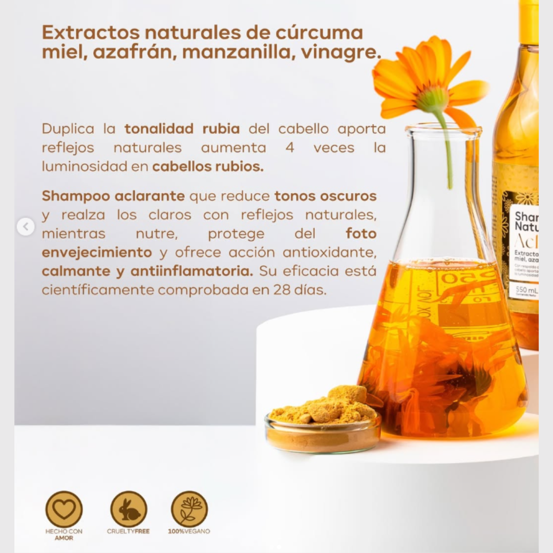 Kit 2 Pack Shampoo Aclarante Natural Manzanilla y Cúrcuma y Tratamiento Leave in con termoproteccion crema de peinar antifrizz Manzanilla Classic 550ml Vegan Menta Hair  Cabellos Rubios