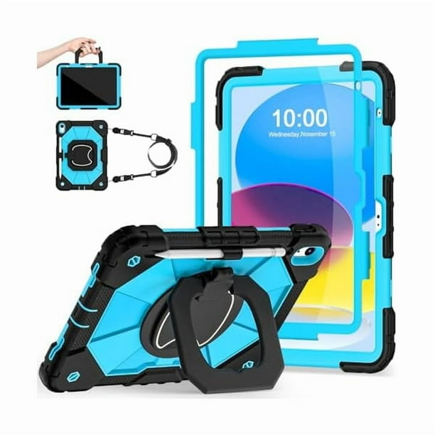 wonim11 Case for iPad (A16)11th /10th Generation 11/10.9 Inch 2025/2022 with Screen Protector Rotating Stand Shoulder Strap Pencil Holder,Military Grade Shockproof iPad Case 10th Generation,Black Blue