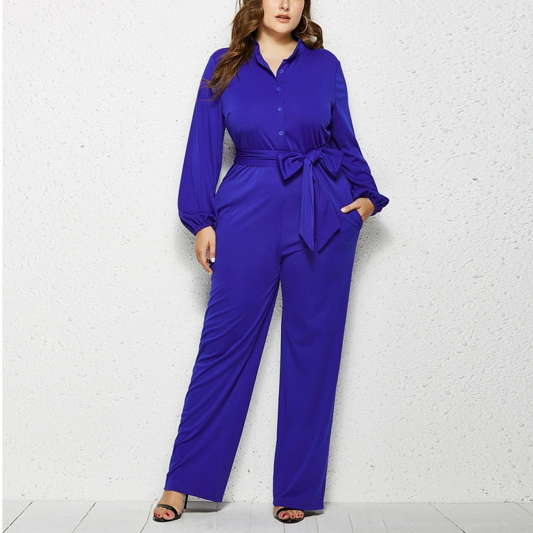 Lenpel Women's Plus Size Jumpsuits Long Sleeve Button down Belted