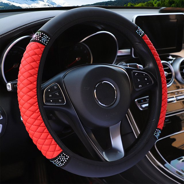 Cubierta elástica antideslizante para volante de automóvil JAMW cuero de diamantes de imitación rojo