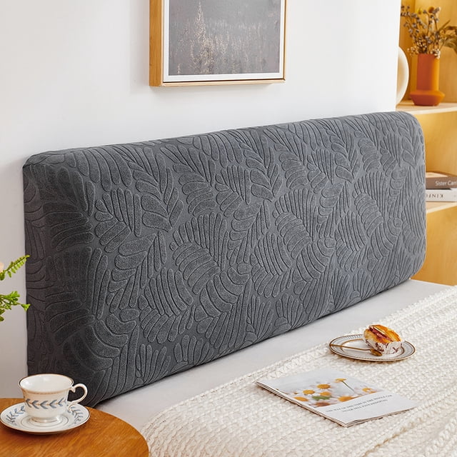 Xiao Hua 1 pieza de tela elástica con estampado de hojas de felpa, paquete completo, cabecero, funda universal simple para el respaldo, funda protectora de 1,8 m de largo (gris oscuro)