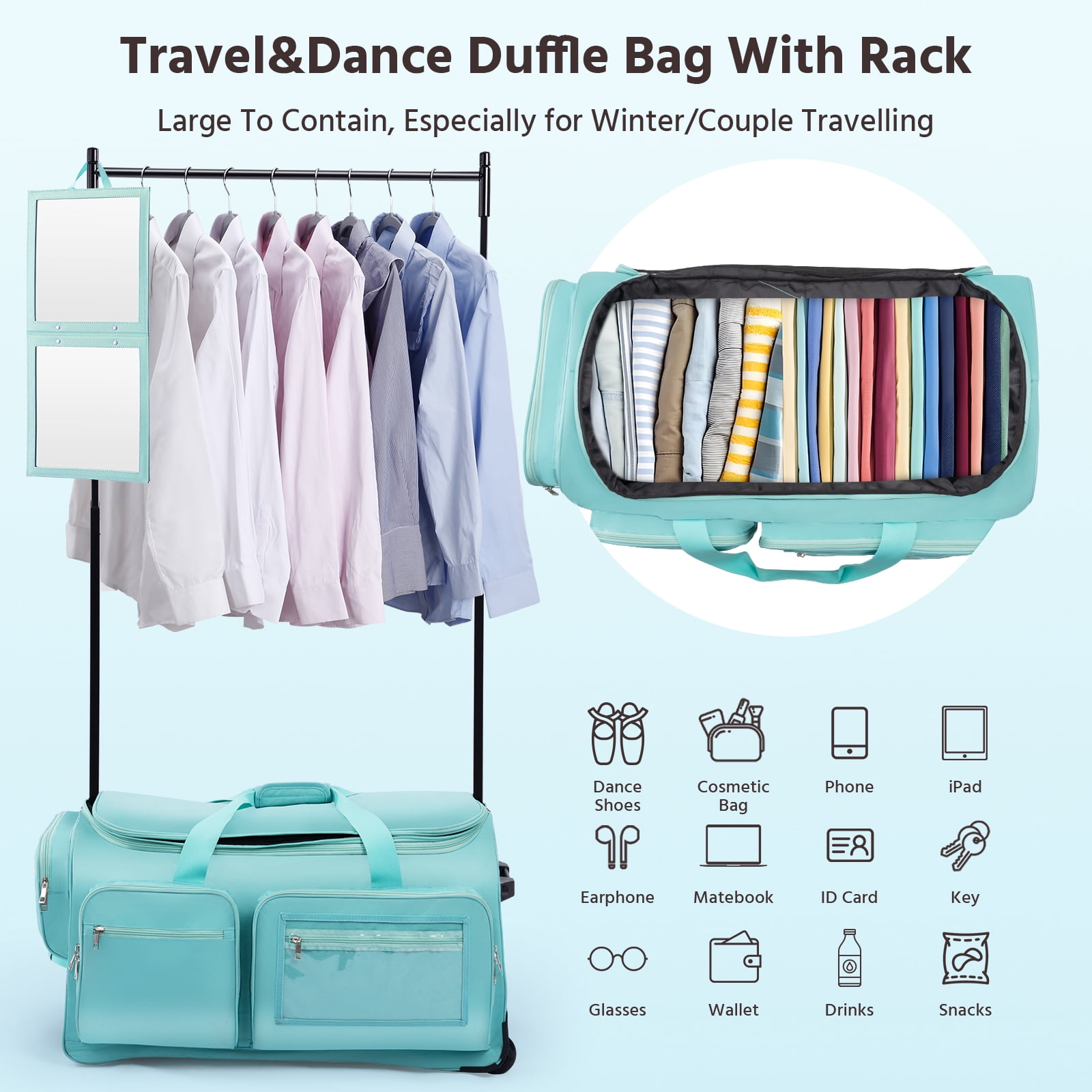 Dance Bag with Garment Rack,28" Teal Dance Bag with Rack Dance Costumes Rolling Garment Bags For Travel, Garment Duffle Bag For Dance Competition Travel Bag with Garment Rack Cyan