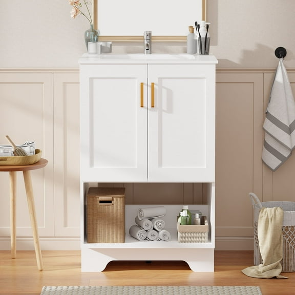 KZElegy 24 Inch Modern Bathroom Sink Cabinet Freestanding Vanity with Sink,2 Soft-Close Doors & 1 Open Shelf,Bathroom Storage Cabinet,White