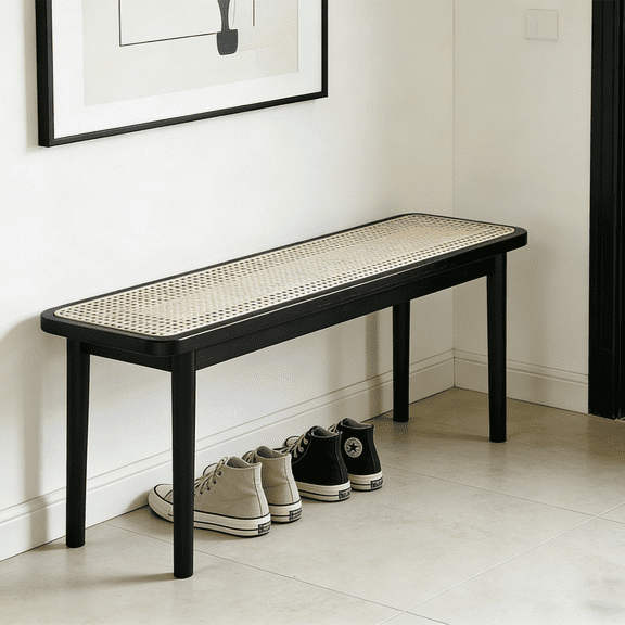 39" Black Skinny Bench with Handwoven Rattan | FAS-Grade Oak Legs | Black Accent Bench for Foyer, Entryway, Hallway,Dining Room, Bedroom Bed End