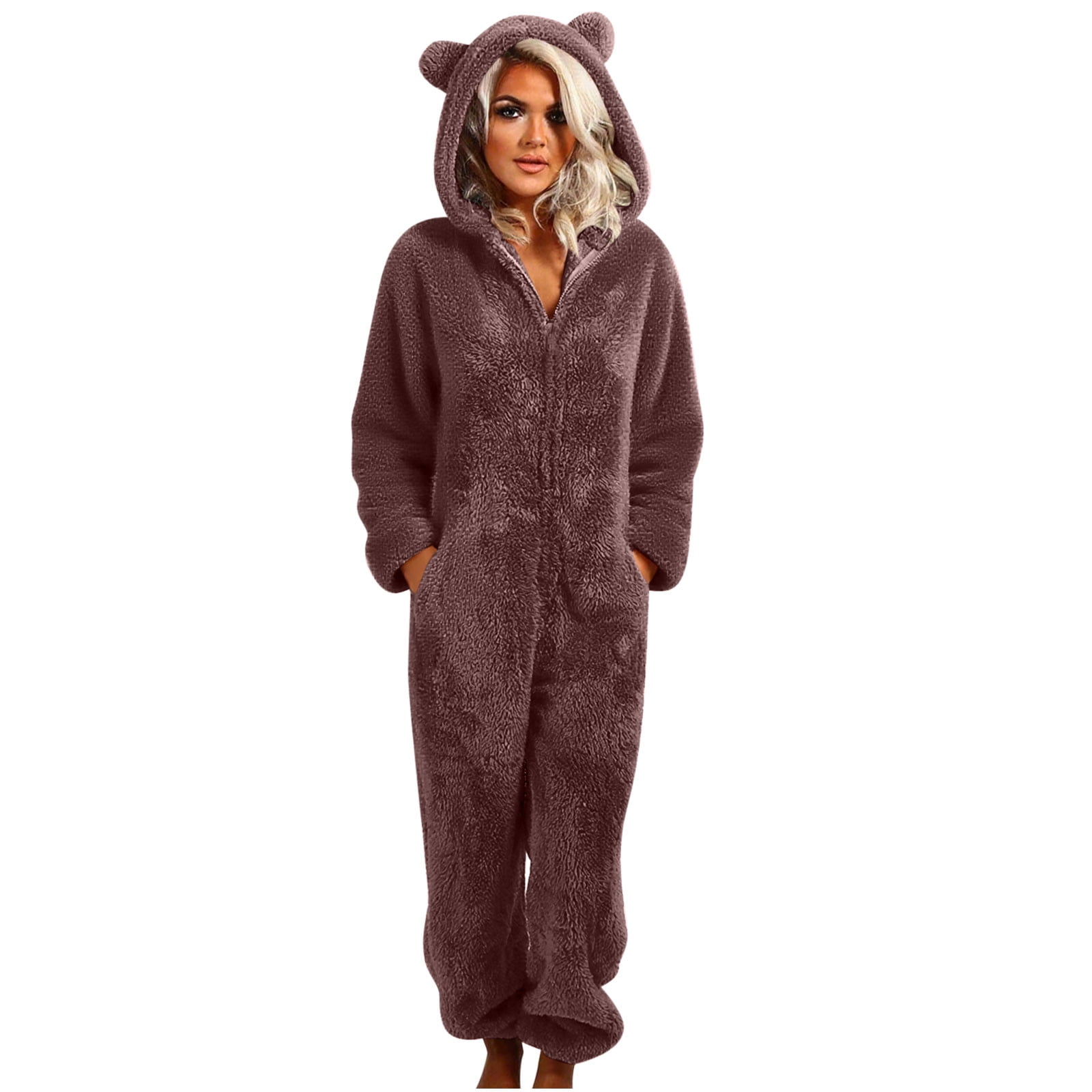 Handshe Womens Fleece Onesies Pajamas Jumpsuit Warm Sherpa Romper Sleepwear One Piece Zipper Hooded Playsuit Loungewear