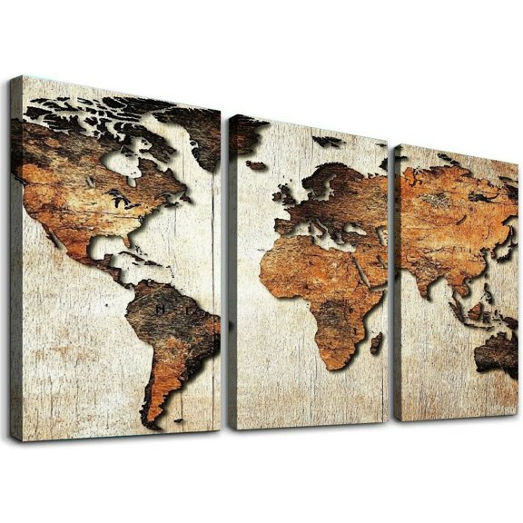 Canvas Wall Art Large Abstract World Map Brown Wood Grunge Framed