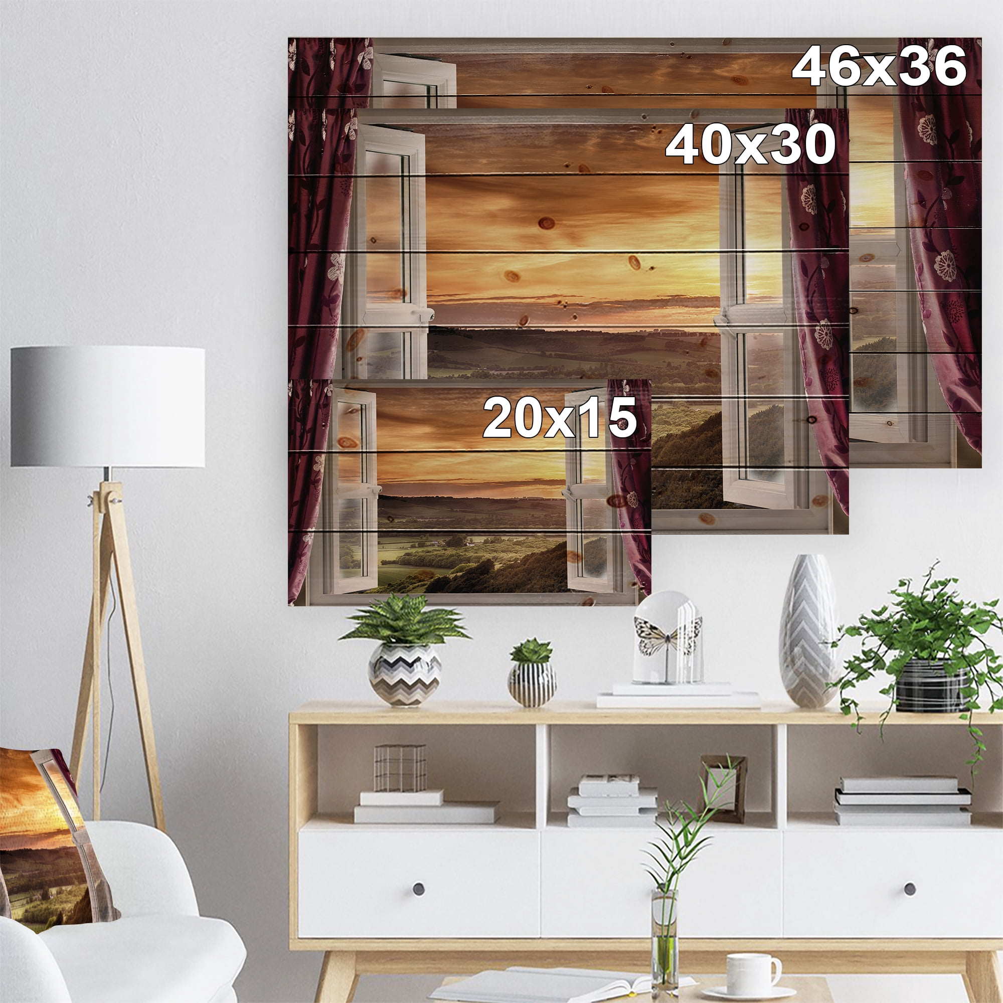 Designart 'Open Window to Rural Sunset Landscape' Contemporary Print on Natural Pine Wood