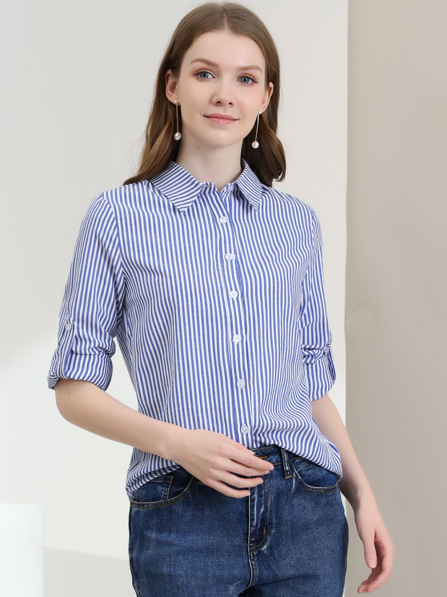 DARING DIVA Women's Button Down Long Sleeve Vertical Stripes Shirt L Blue