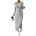 thumbnail image 3 of Womens Long Sleeve Sweater Dress Crew Neck Slim Fit Slit Tie Ribbed Knit Bodycon Midi Dress Fall Outfits Gray XL, 3 of 10