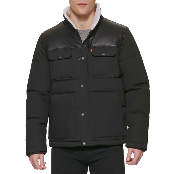 Levi's Men's Quilted Mixed Media Shirttail Work Wear Puffer JacketBlack  Medium