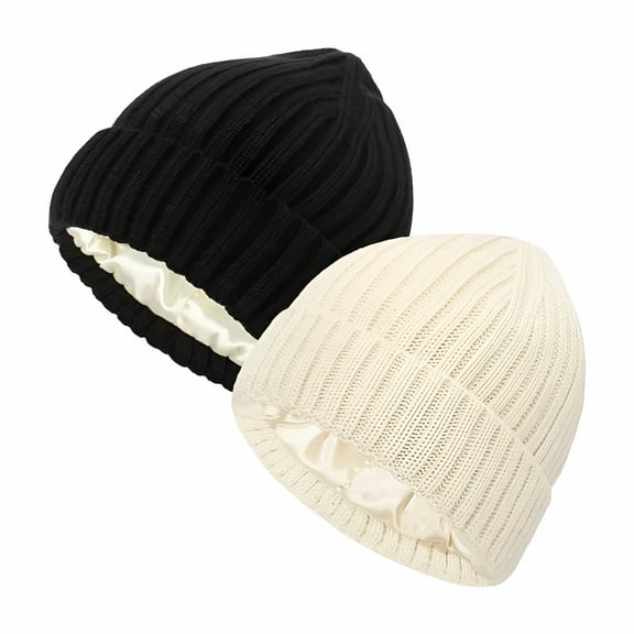 TELOLY 2Pcs Womens Satin Lined Knit Beanie Hat Winter Warm Cuffed Knitted Silk Lining Hat Soft Stretch Cable Skull Cap