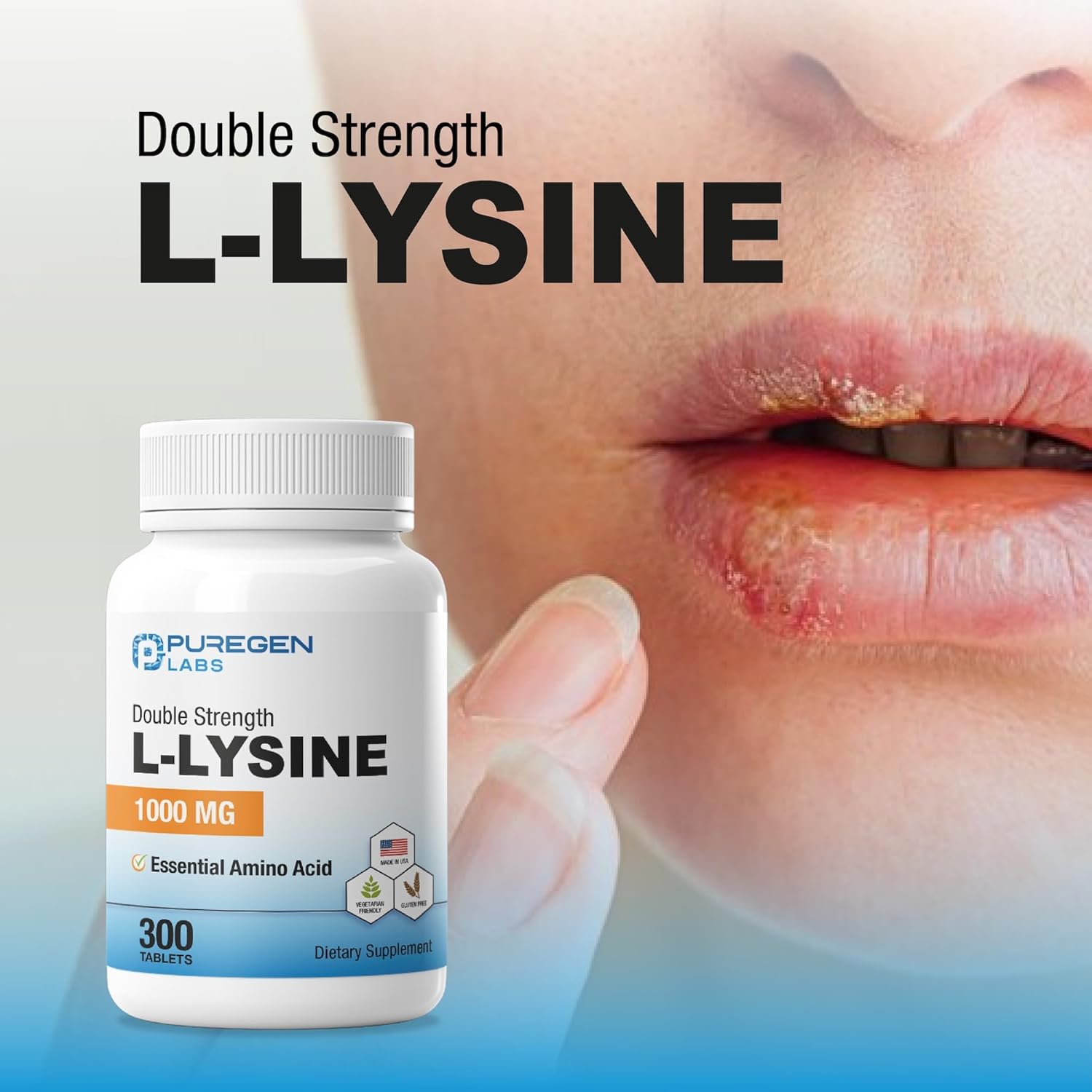 Puregen Labs L-Lysine Extra Strength 1000 MG per Tablet - 300 Servings | High Potency, Immune and Collagen Synthesis Support, Non-GMO, NO Gluten and Dairy - 300 Tablets - Made in USA – 1PK