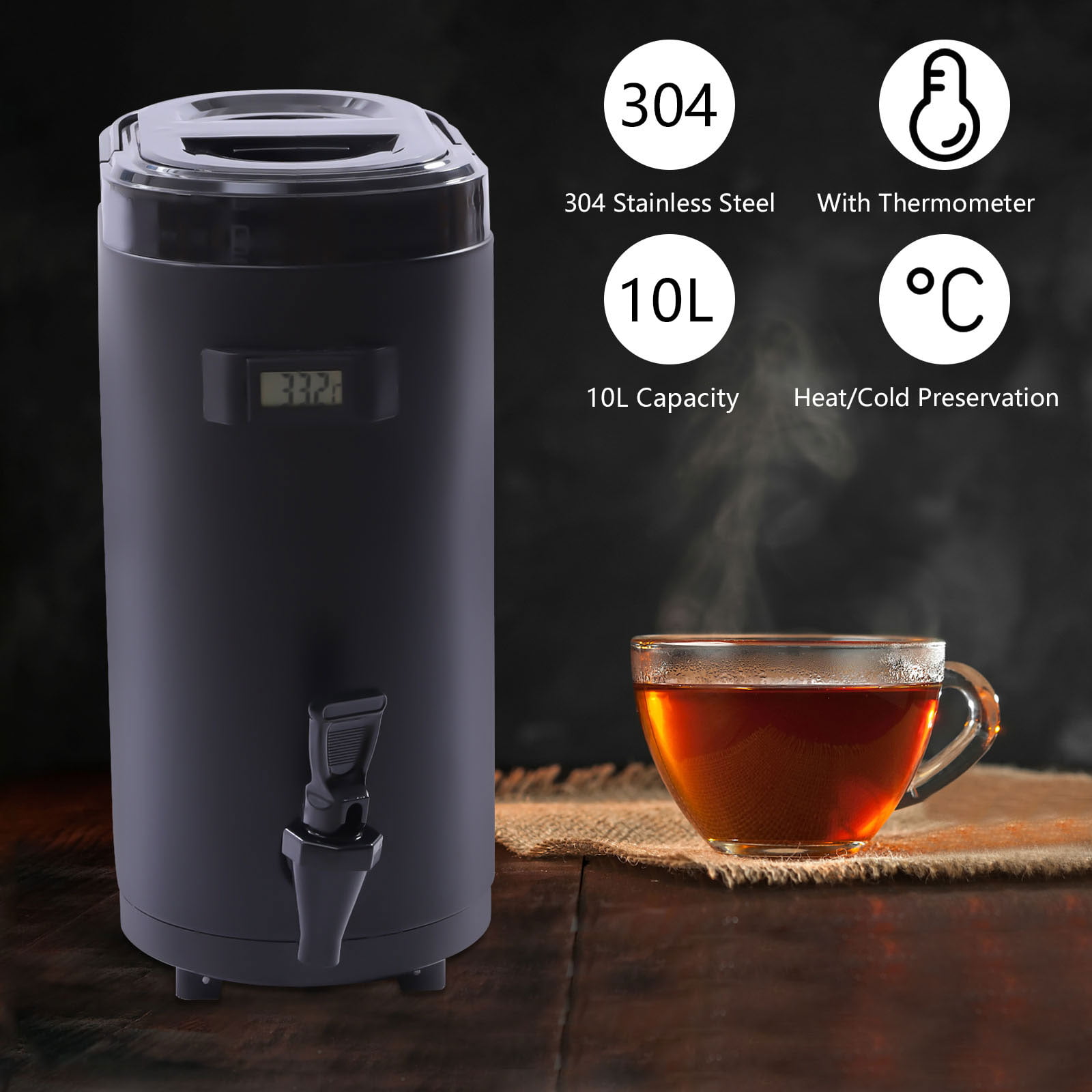 Miduo 10L Hot Beverage Dispenser Cool Hot Drink Beverage Milk Tea Dispenser with Temperature Gauge, Size: 29*18*37cm/11.42*7.09*14.57inch, Black