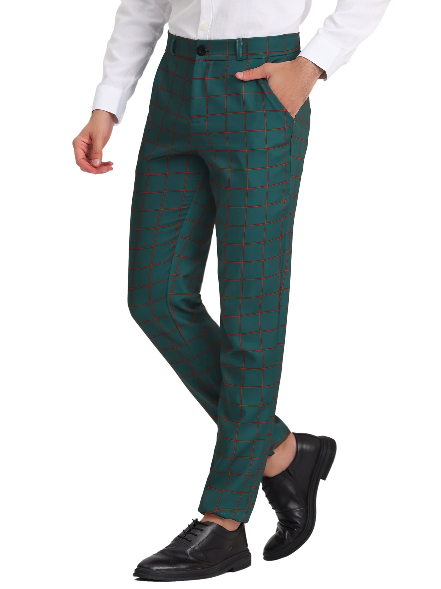 Unique Bargains Men's Plaid Printed Straight Leg Business Casual Checked Pants 34 Dark Green