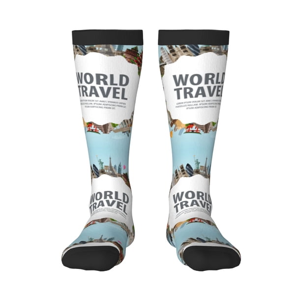 Fotbe World Travel Calcetas Divertidas Estampadas para Hombre y Mujer, Calcetas de Algodón hasta la Rodilla para Caminar, Correr, Enfermería y Embarazo
